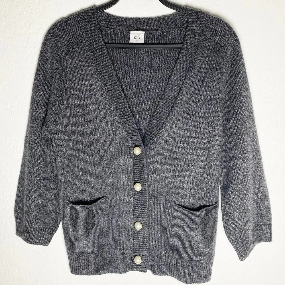 Cabi Women's Cultured Pearl‎ Button 3/4 Sleeve Knit Cardigan Smoke Gray XS